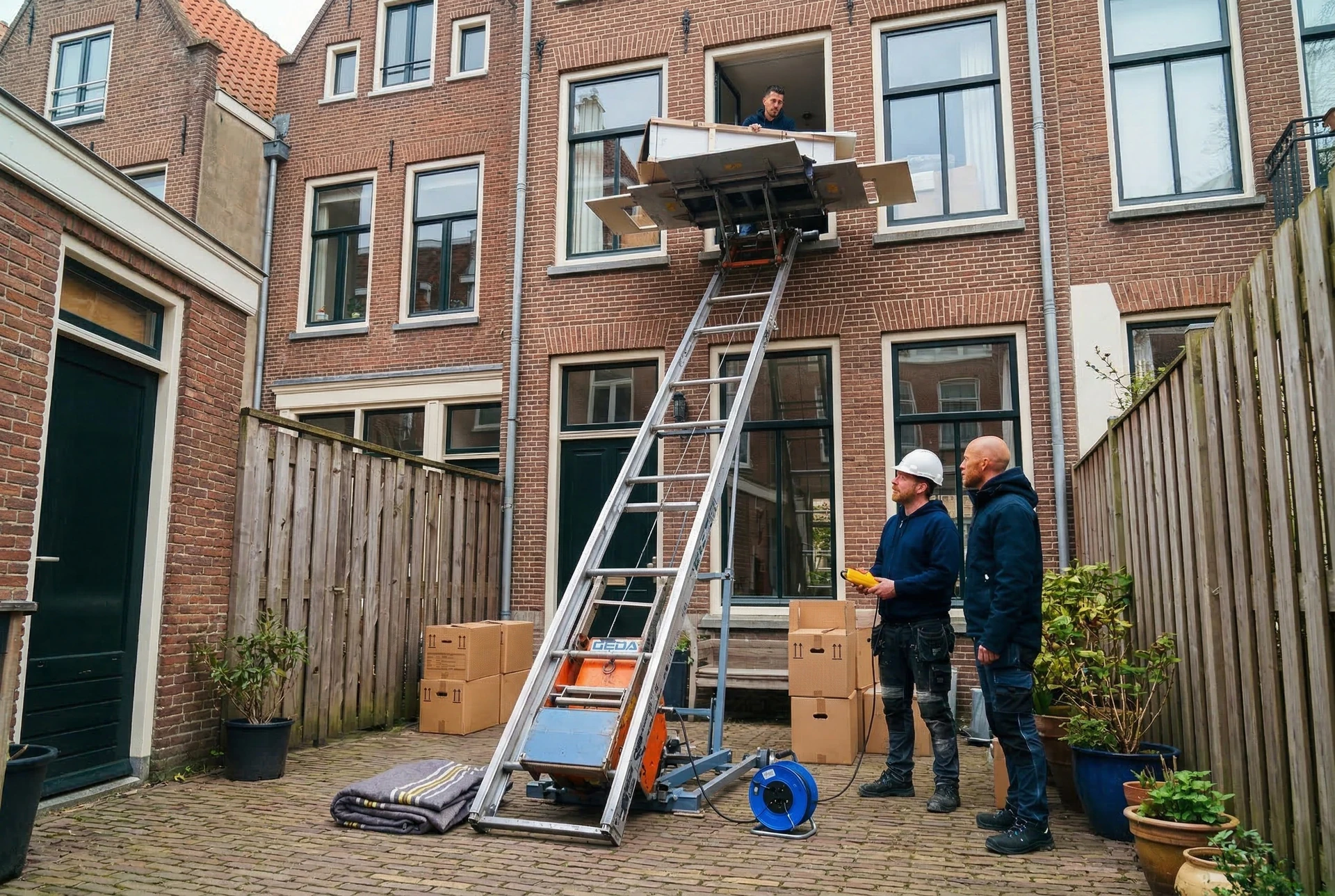 Verhuisteam aan het werk met verhuislift