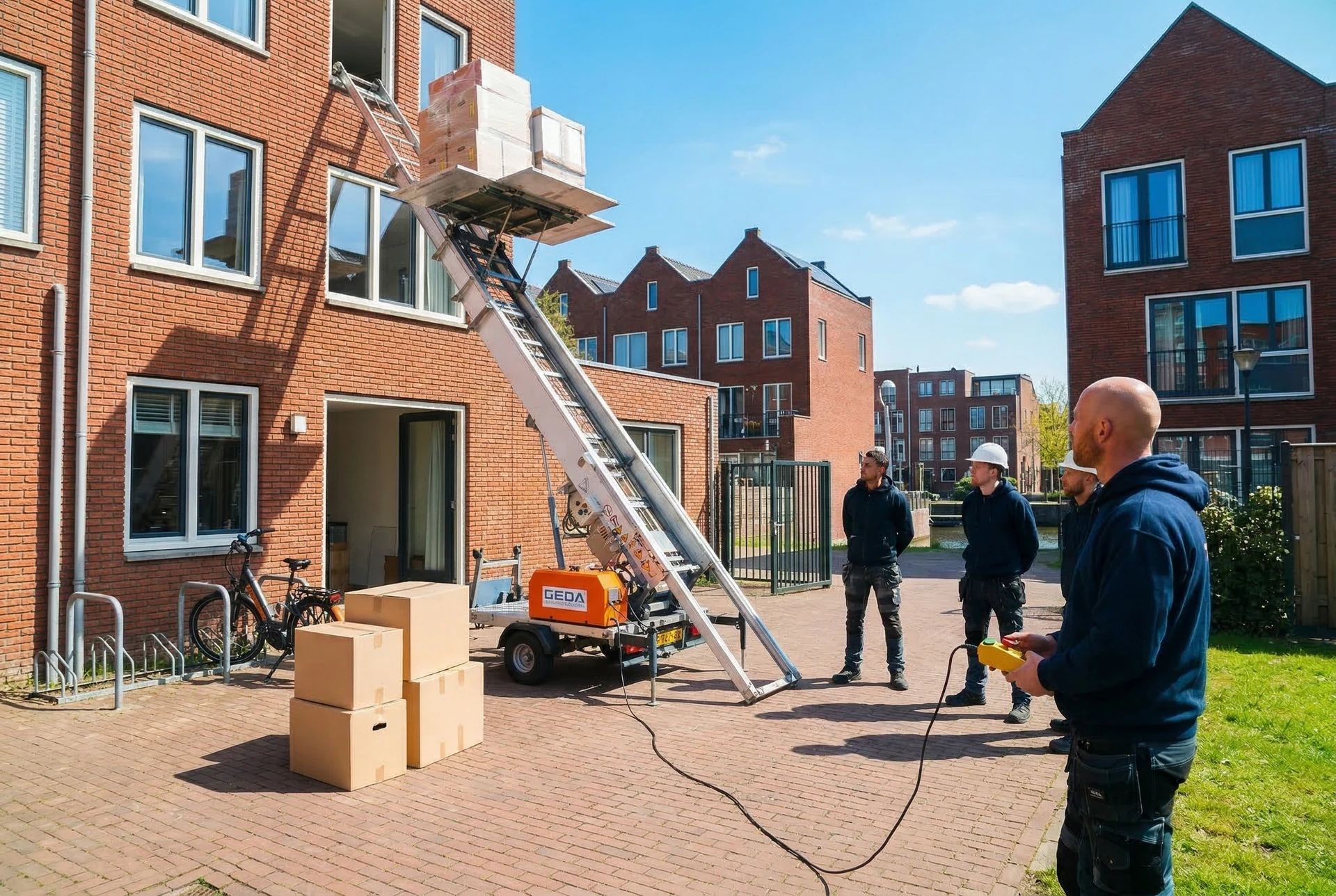 Verhuislift in actie bij woning in Amsterdam