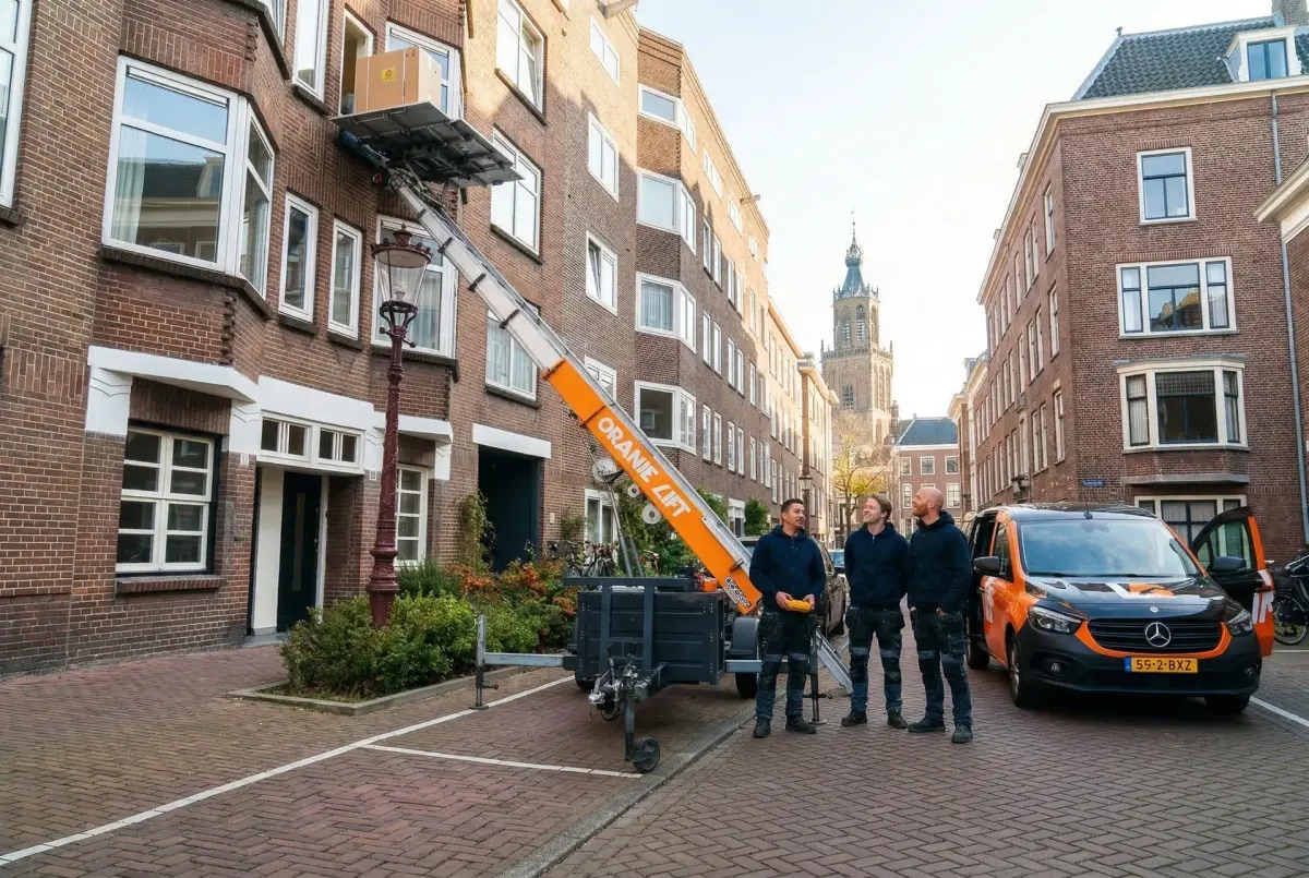 Meubellift in actie in Amsterdamse wijk
